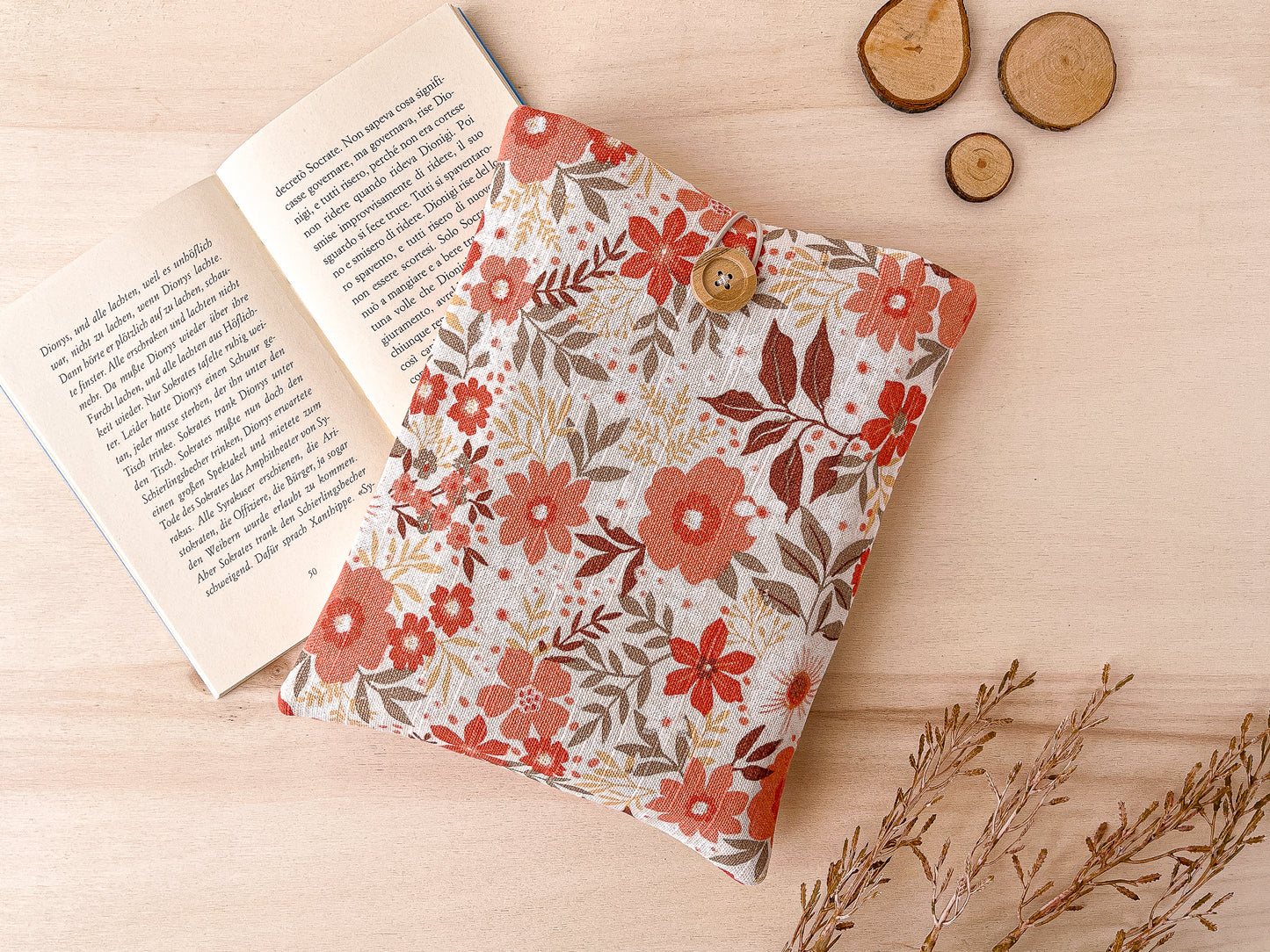 Custodia per libri imbottita in cotone con fiori arancio