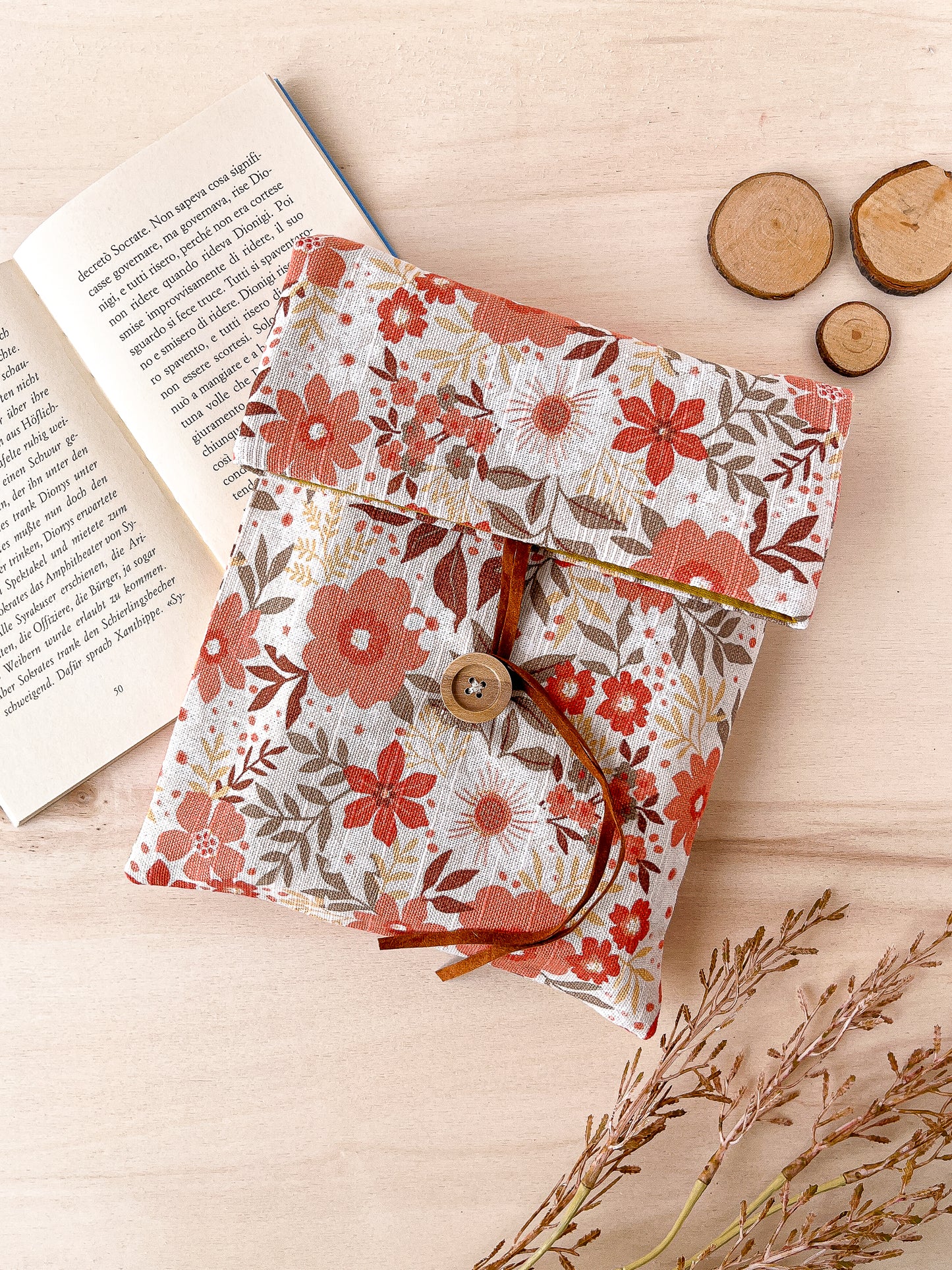 Custodia per libri regolabile in cotone con fiori arancio