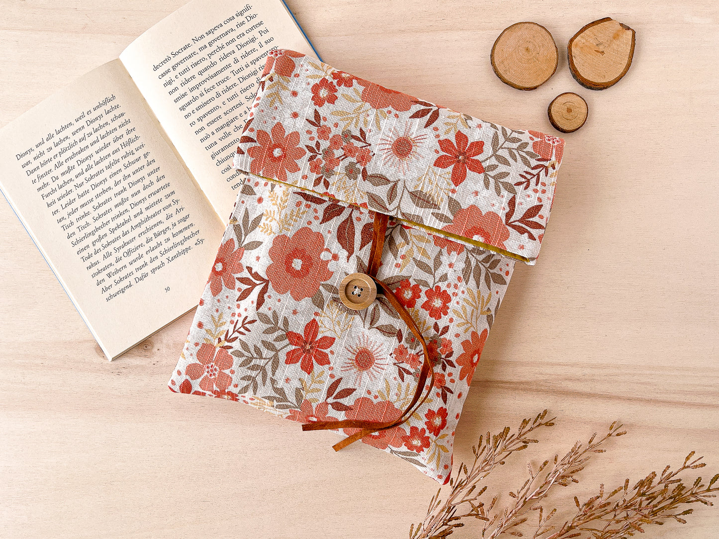 Custodia per libri regolabile in cotone con fiori arancio