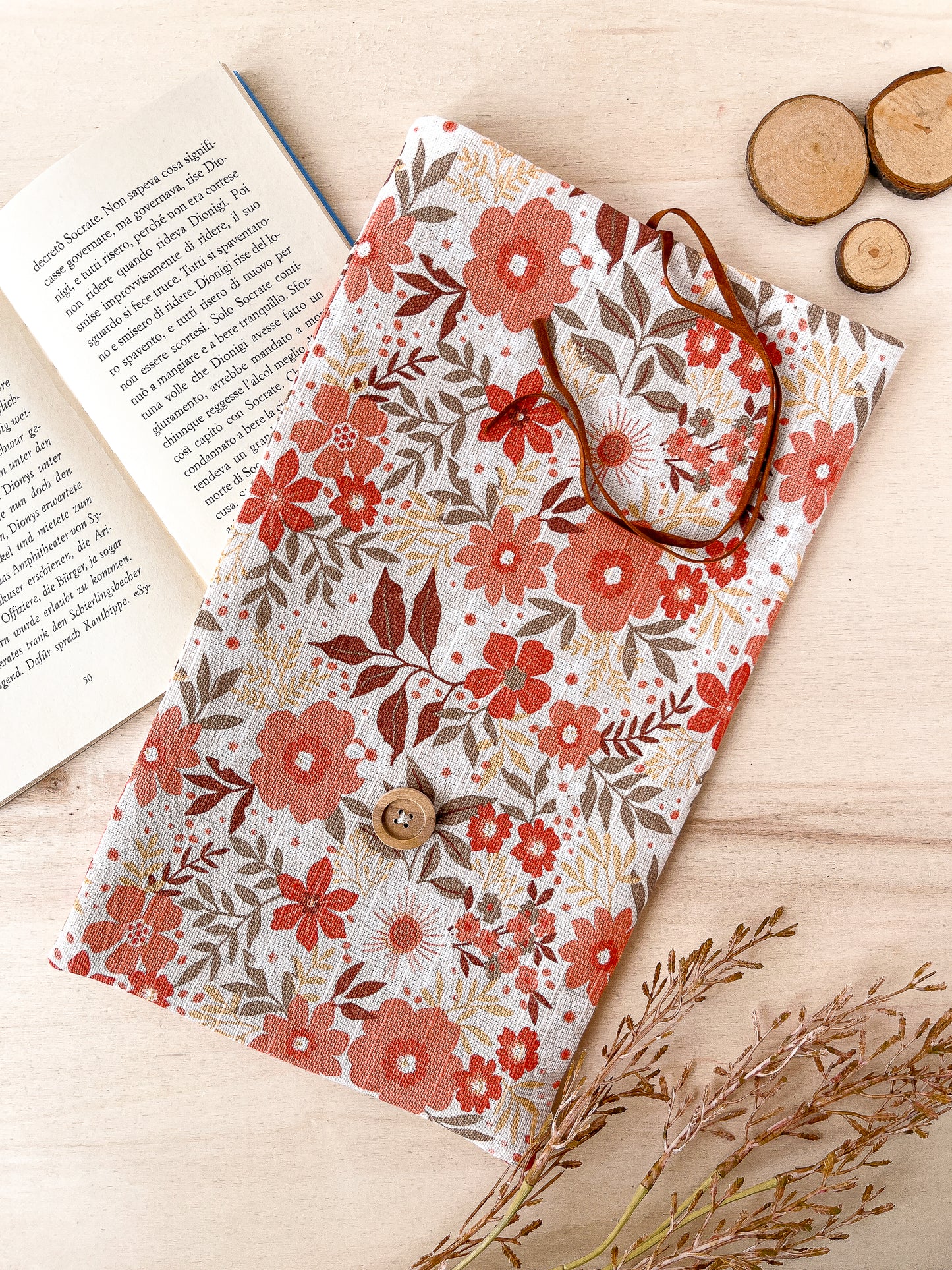 Custodia per libri regolabile in cotone con fiori arancio