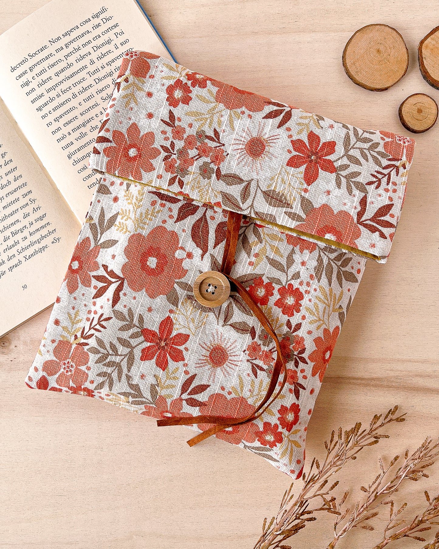 Custodia per libri regolabile in cotone con fiori arancio