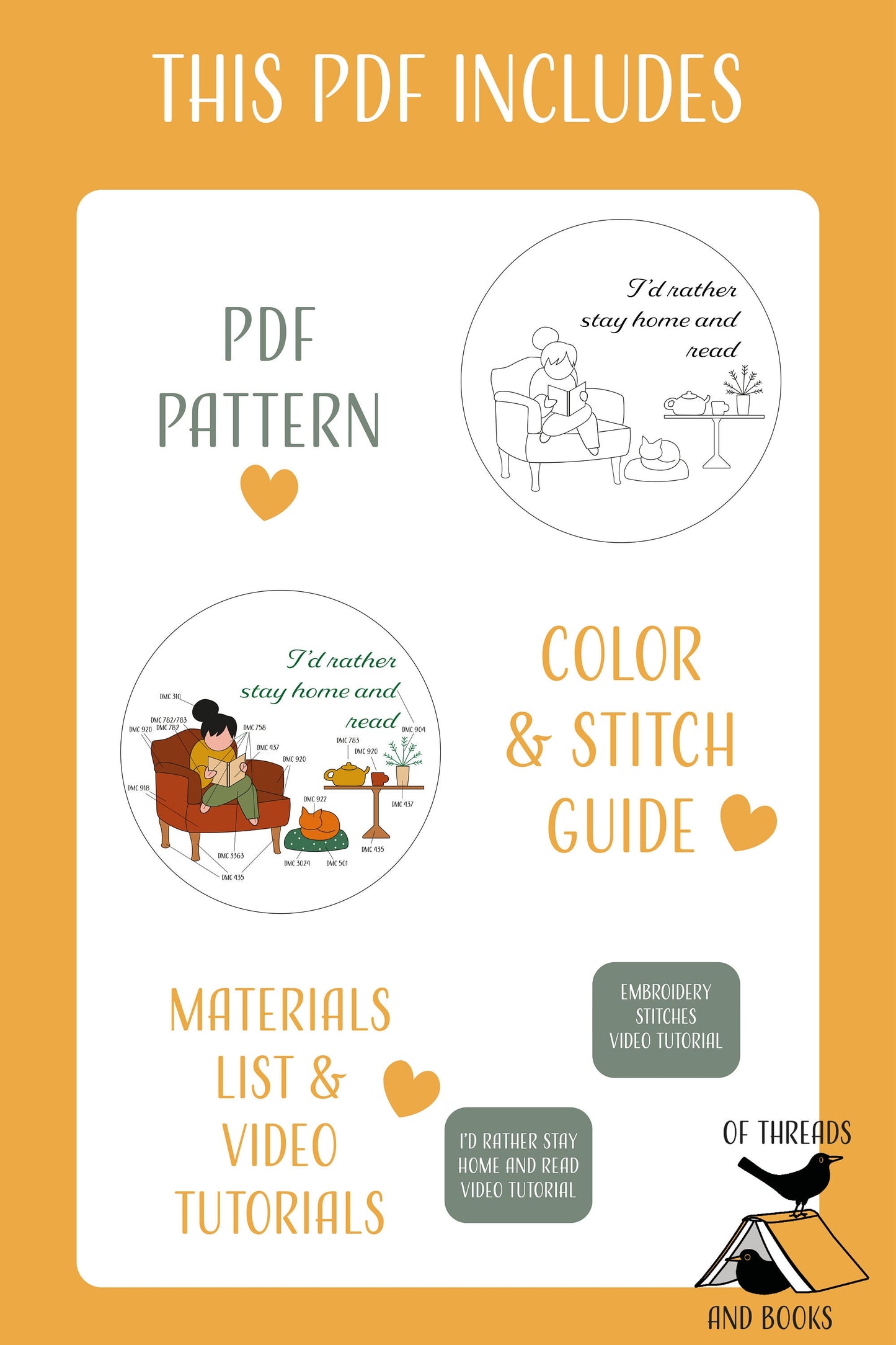 Embroidery pattern - I'd rather stay home and read, pdf embroidery tutorial, video tutorial, stitching project for book lovers and bookworms