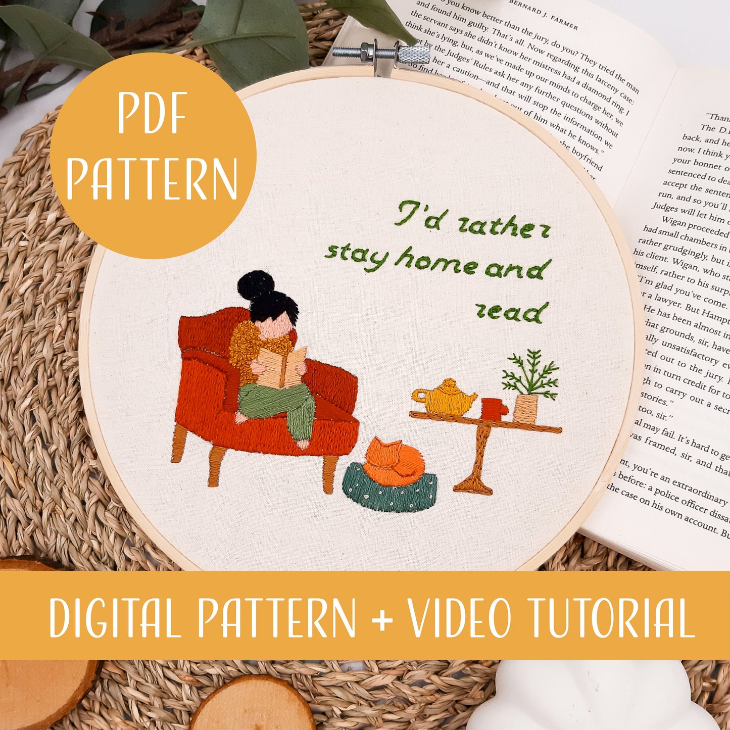 Embroidery pattern - I'd rather stay home and read, pdf embroidery tutorial, video tutorial, stitching project for book lovers and bookworms