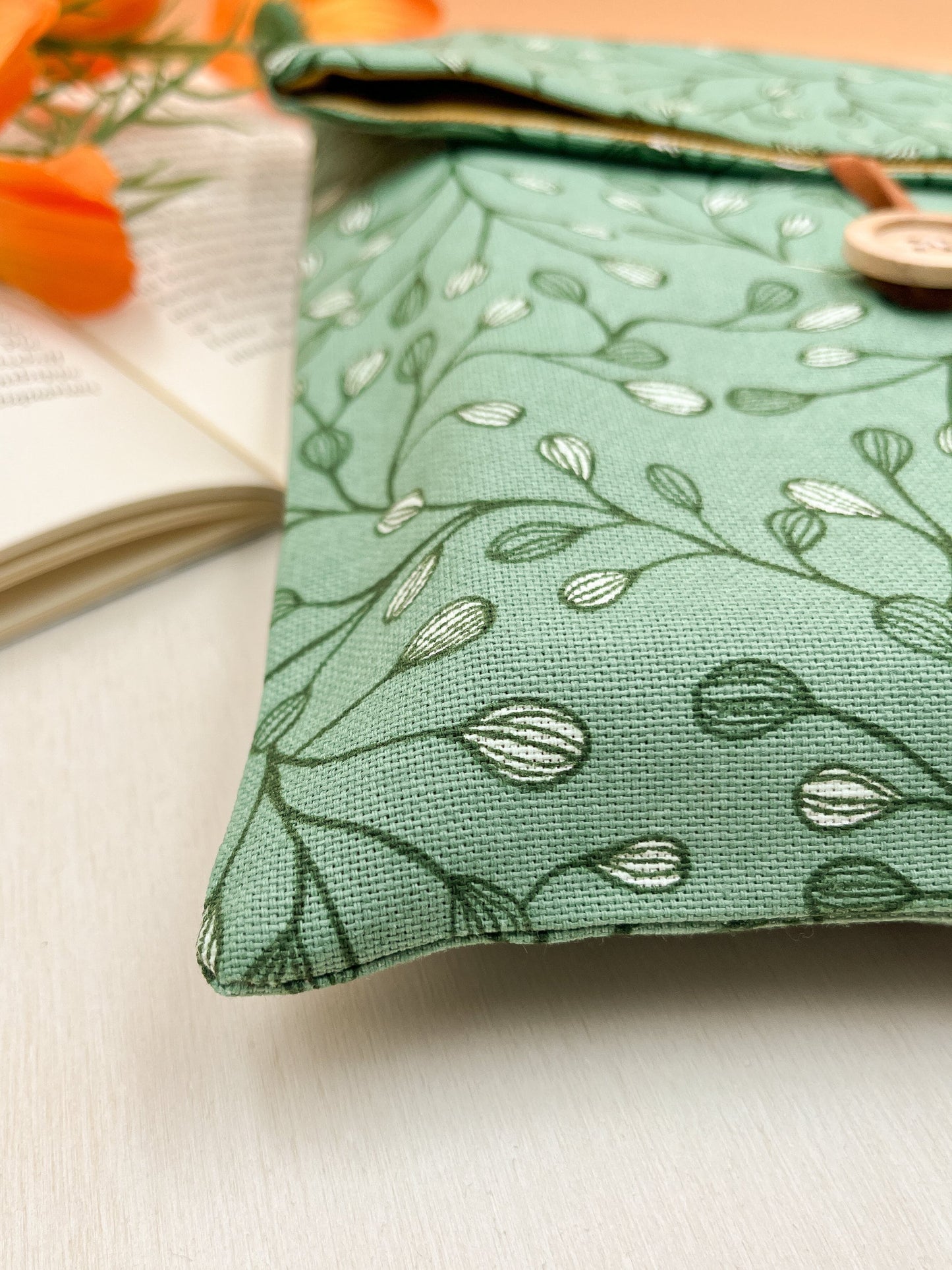 Custodia per libri regolabile in cotone verde con motivo a foglie