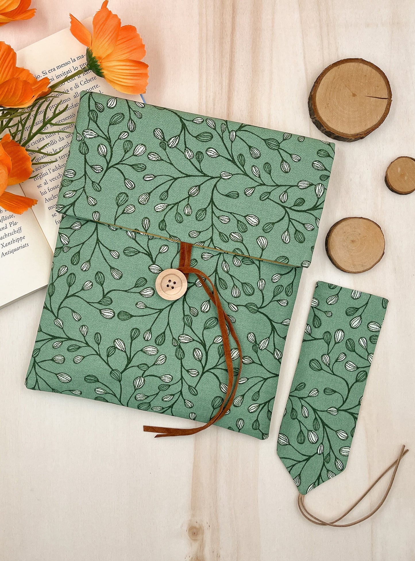 Custodia per libri regolabile in cotone verde con motivo a foglie