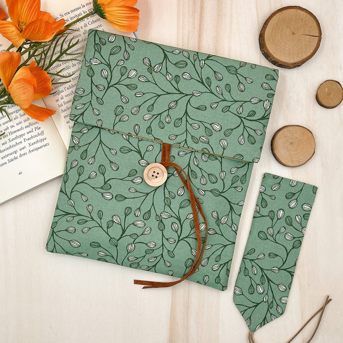 Custodia per libri regolabile in cotone verde con motivo a foglie