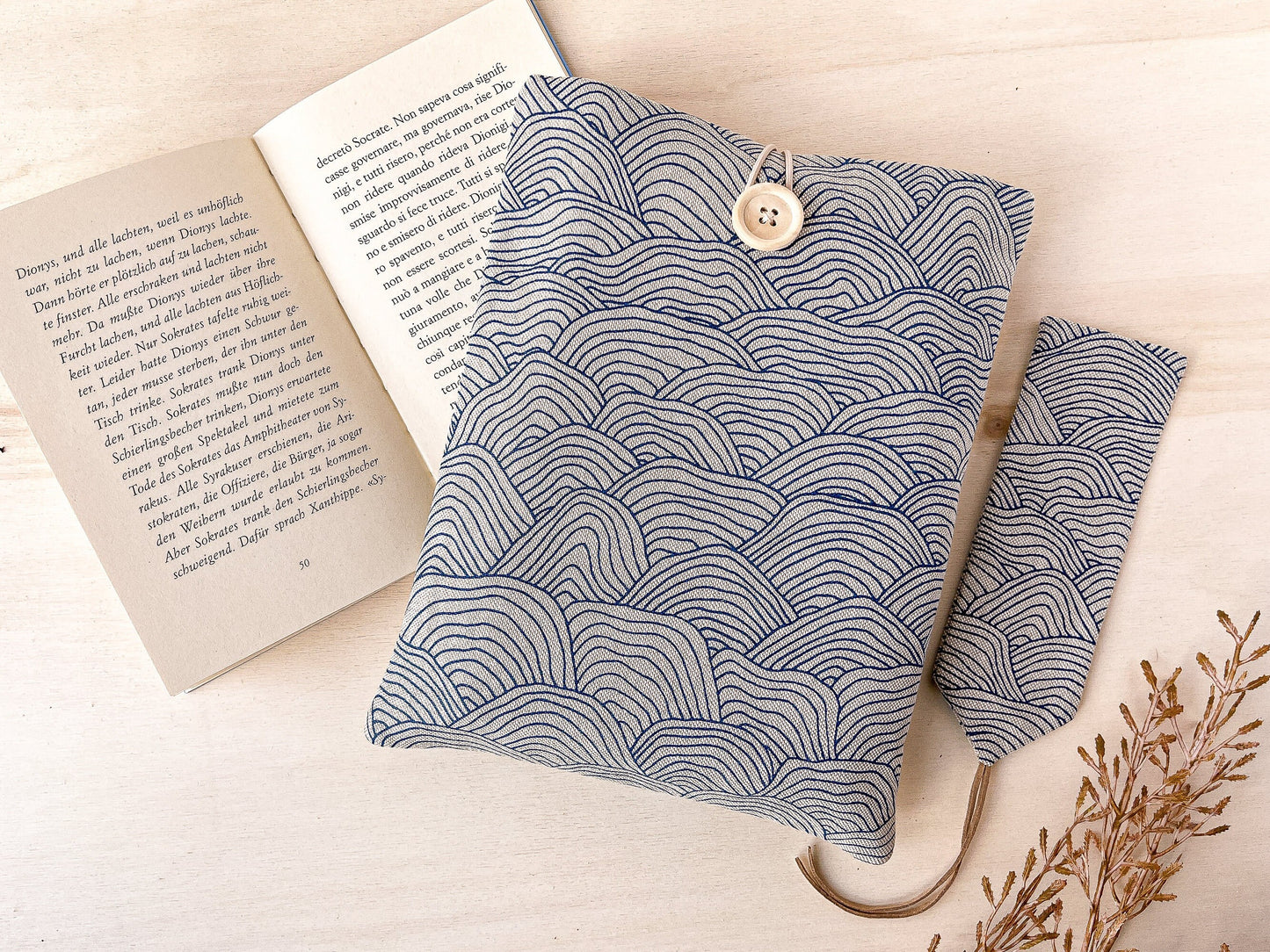 Custodia per libri imbottita in cotone con motivo a onde blu