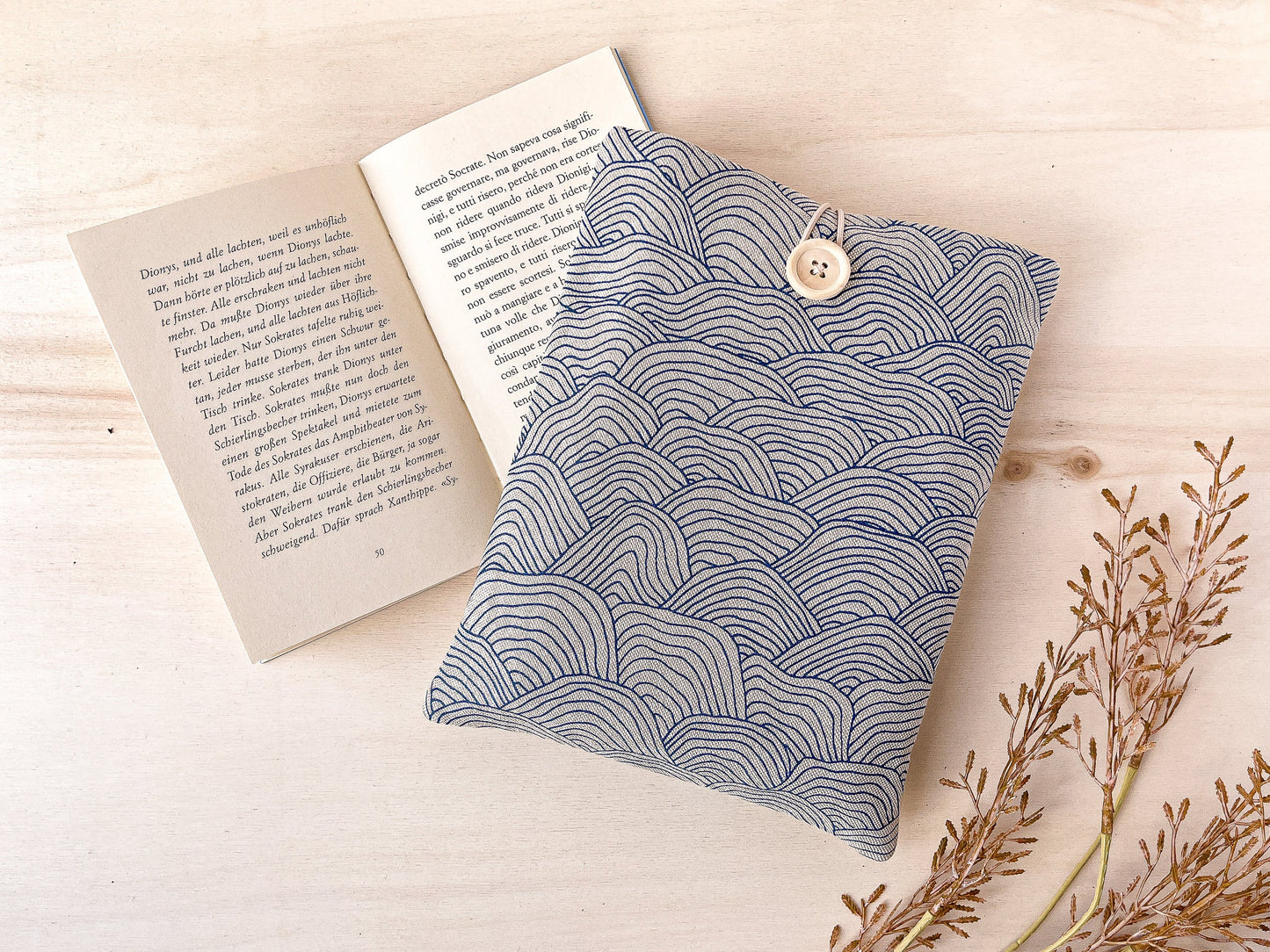 Custodia per libri imbottita in cotone con motivo a onde blu