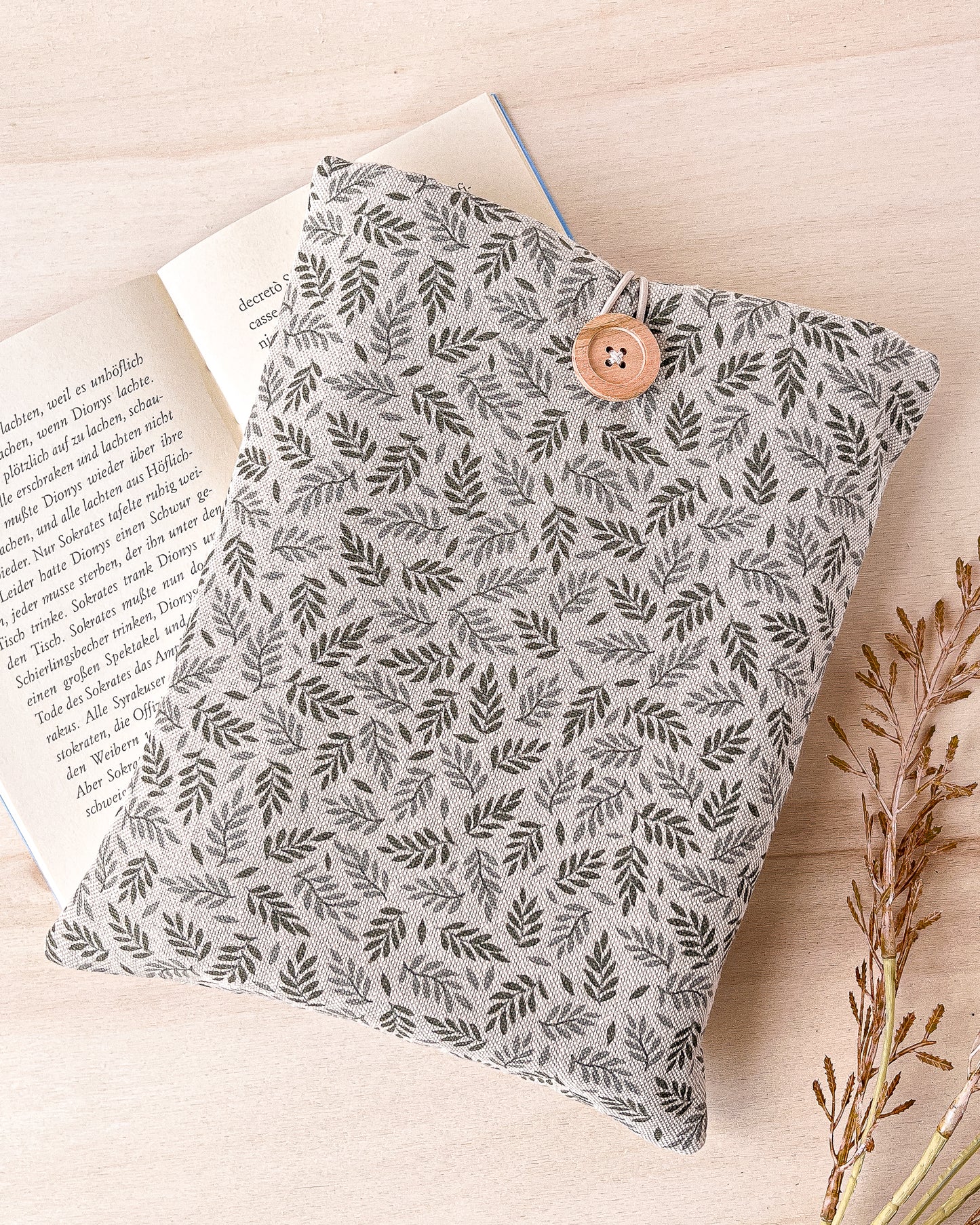Custodia per libri imbottita in cotone con motivo a foglioline