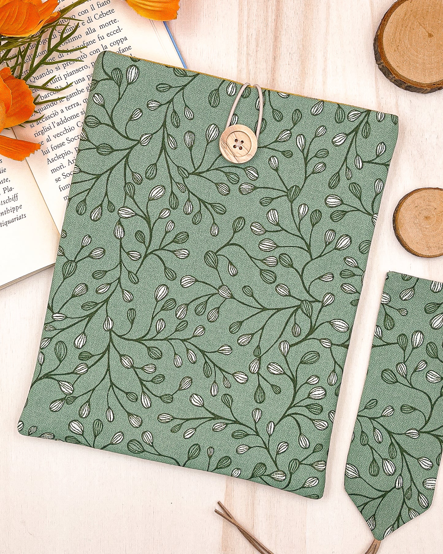 Custodia per libri imbottita in cotone verde con motivo a foglie