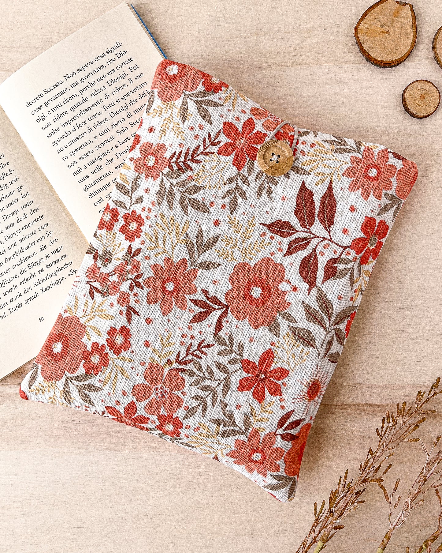 Custodia per libri imbottita in cotone con fiori arancio