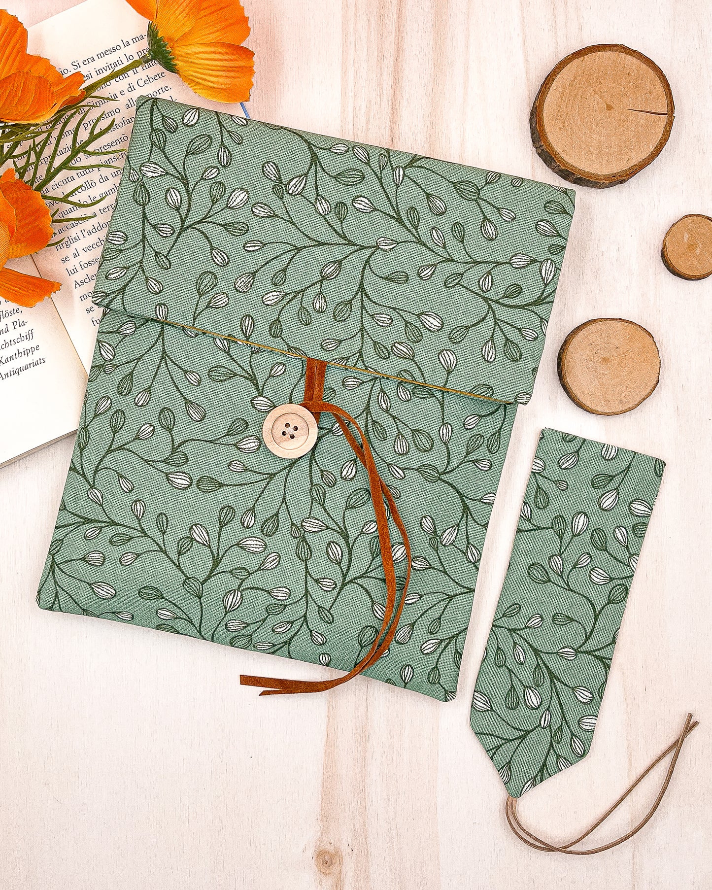 Custodia per libri regolabile in cotone verde con motivo a foglie