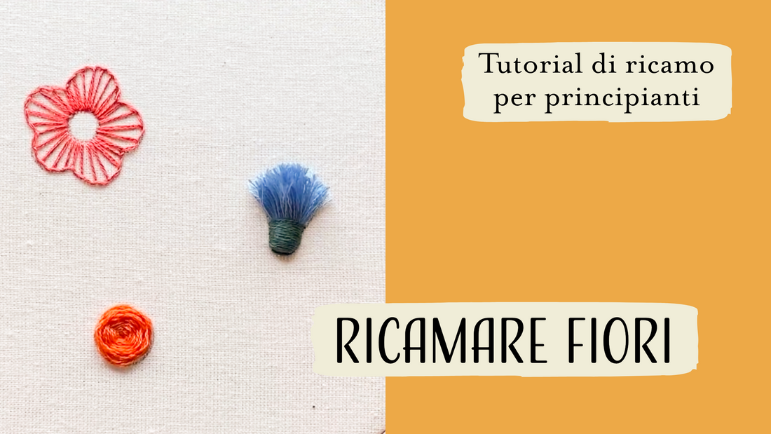 Ricamare fiori usando il punto asola, il punto rosa intrecciata e il bundle flower