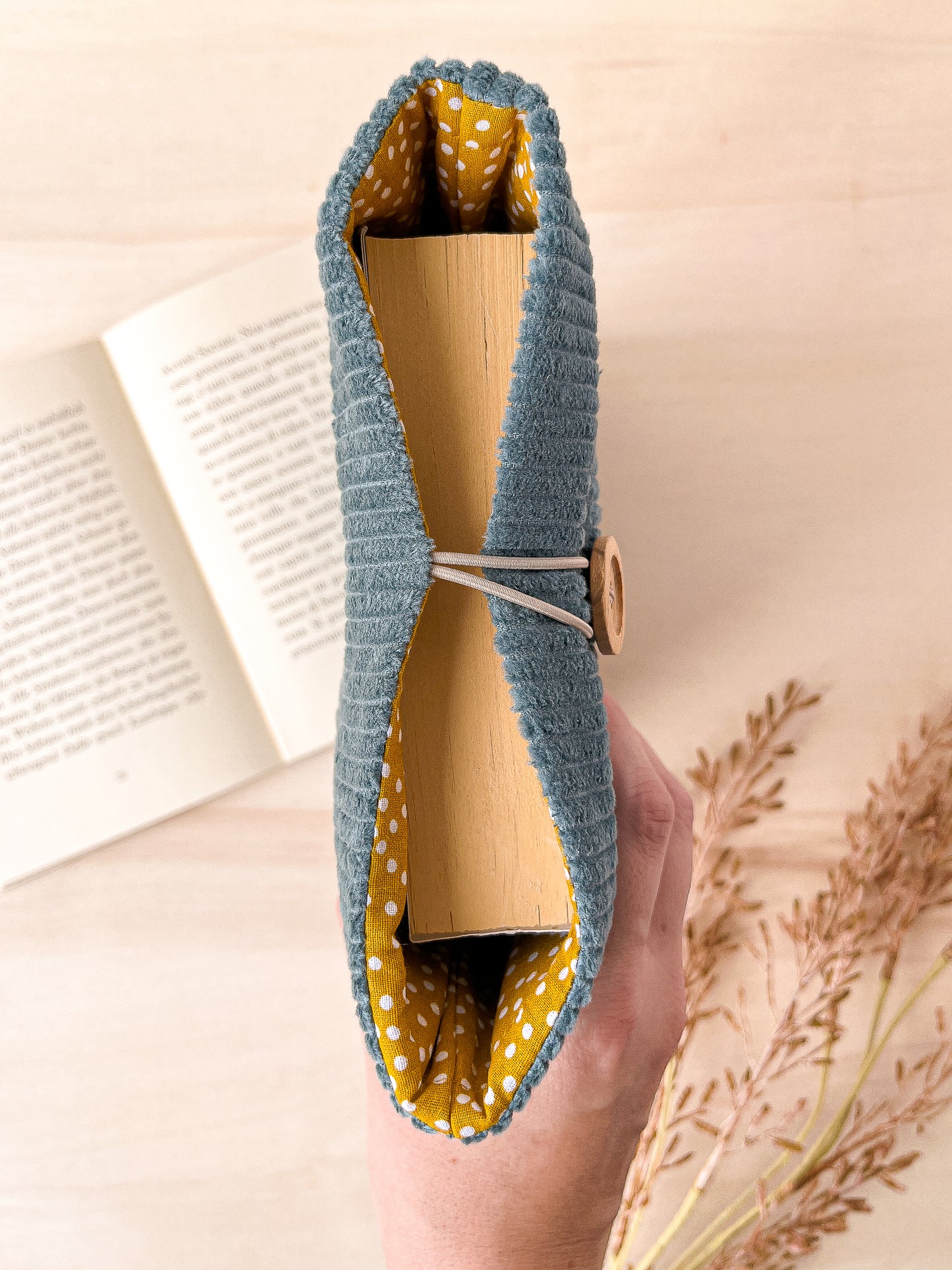 Custodia per libri imbottita in velluto azzurro