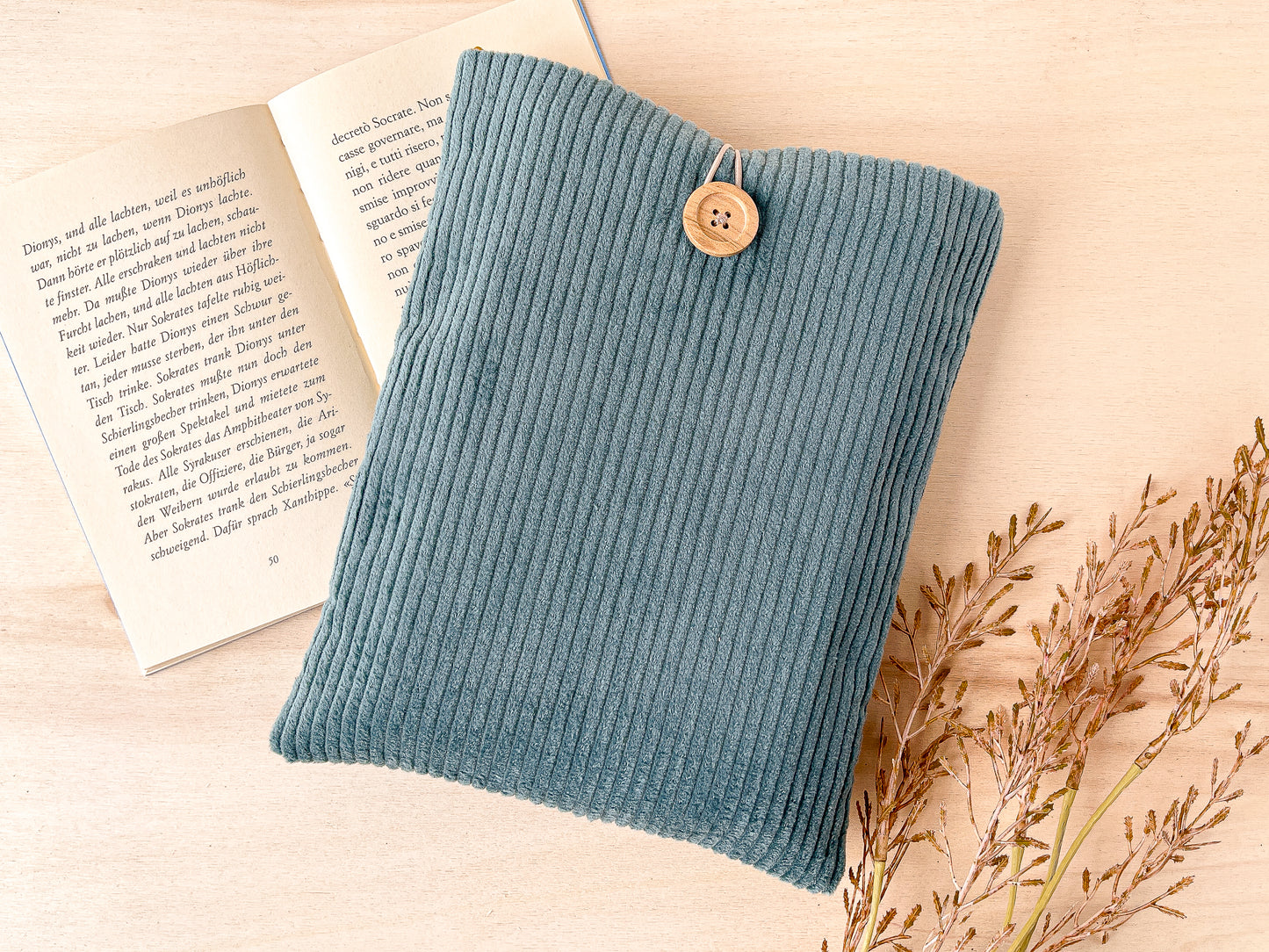 Custodia per libri imbottita in velluto azzurro