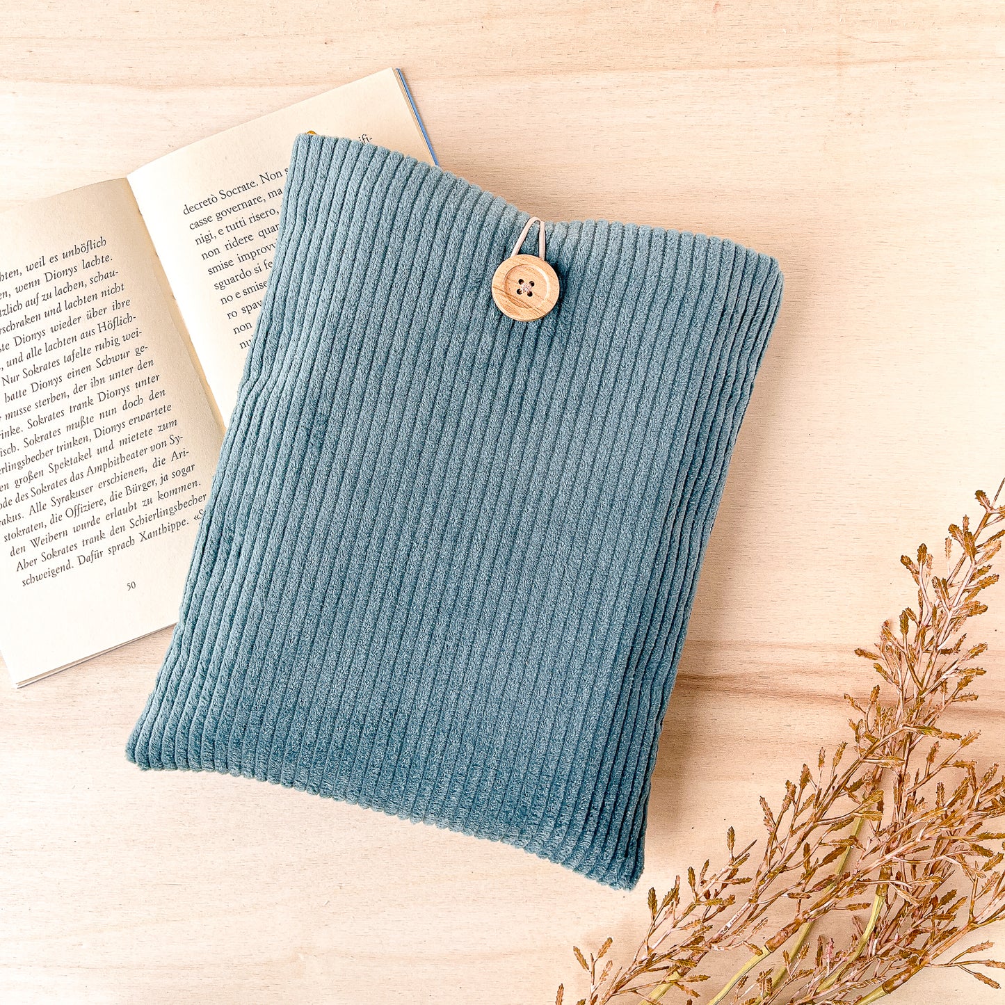 Custodia per libri imbottita in velluto azzurro