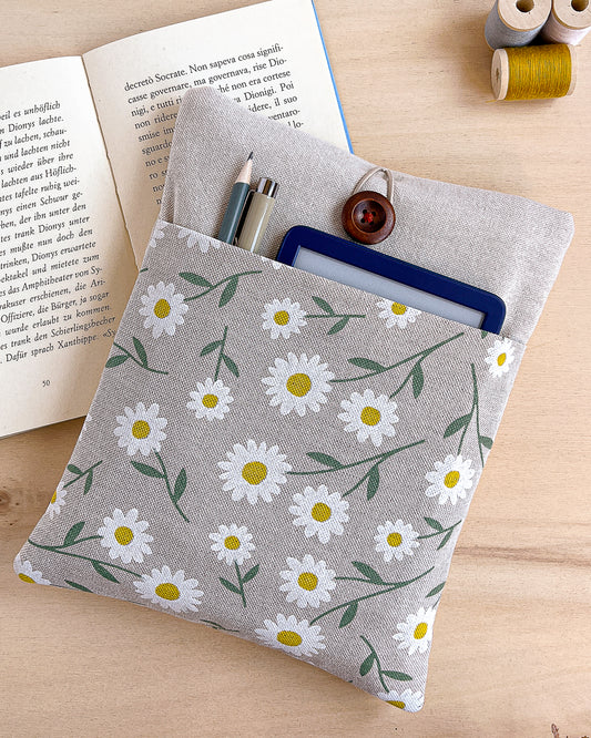 Custodia per libri imbottita con tasca in cotone fantasia margherite fatta a mano