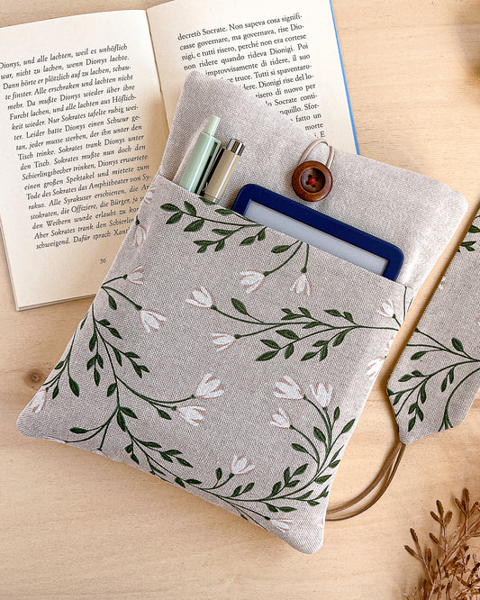 Custodia per libri imbottita in cotone fantasia tralci fioriti fatta a mano