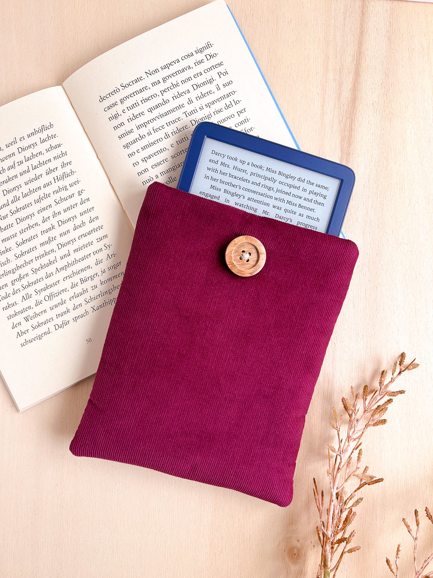 Custodia per e-reader in velluto fucsia con fodera Liberty