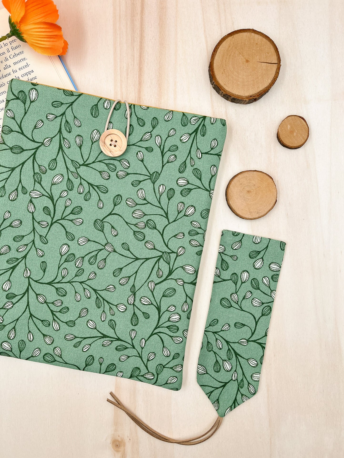 Custodia per libri imbottita in cotone verde con motivo a foglie