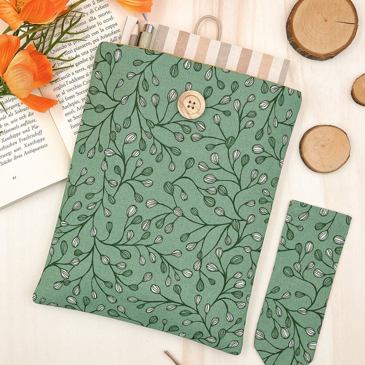 Custodia per libri imbottita in cotone verde con motivo a foglie