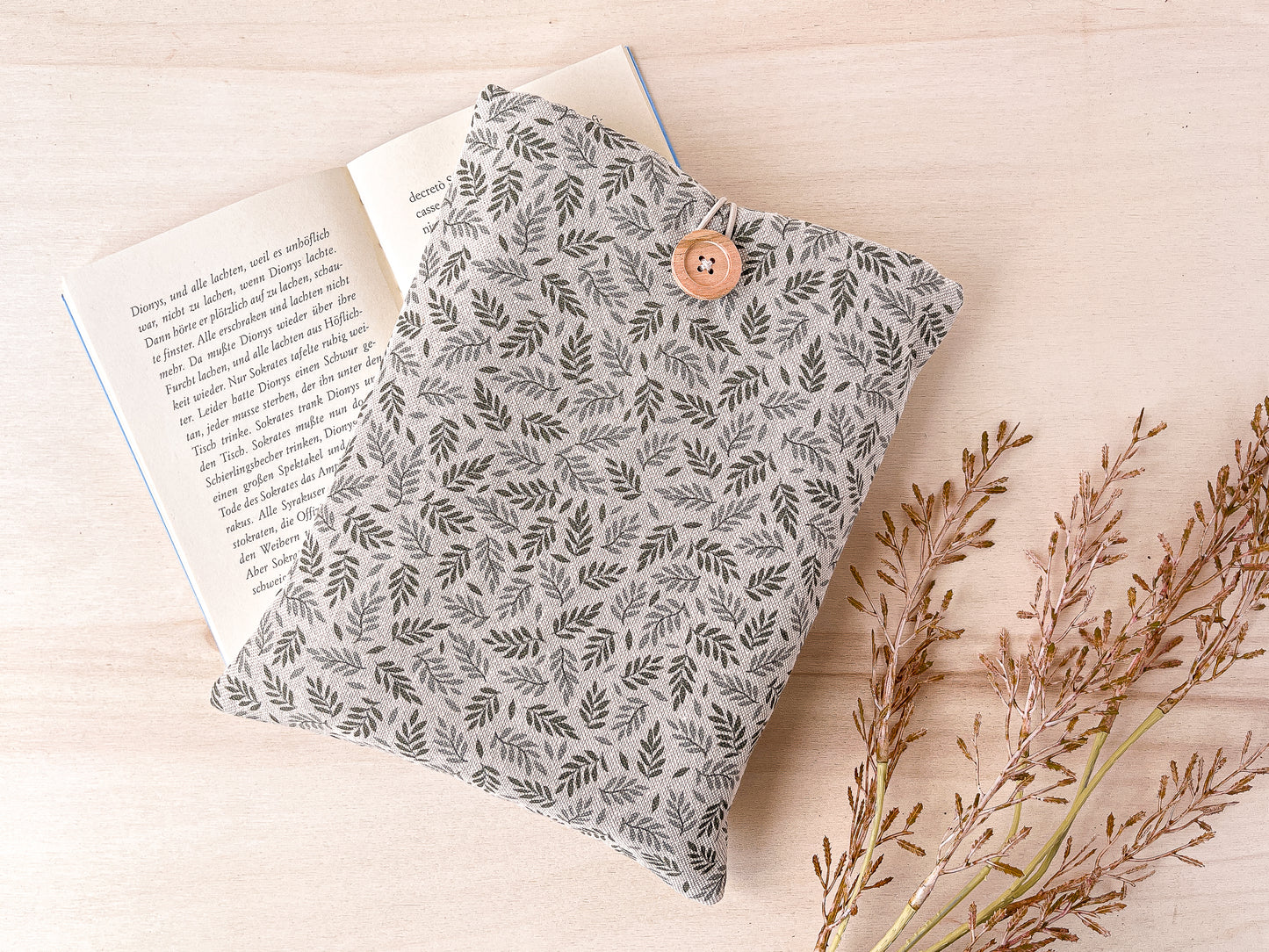 Custodia per libri imbottita in cotone con motivo a foglioline